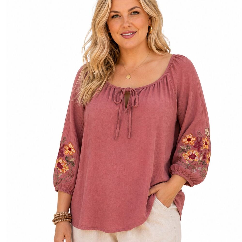 Olivia & Martin Embroidered Boho Top Womens Size 1X Mauve Peasant Floral Blouse